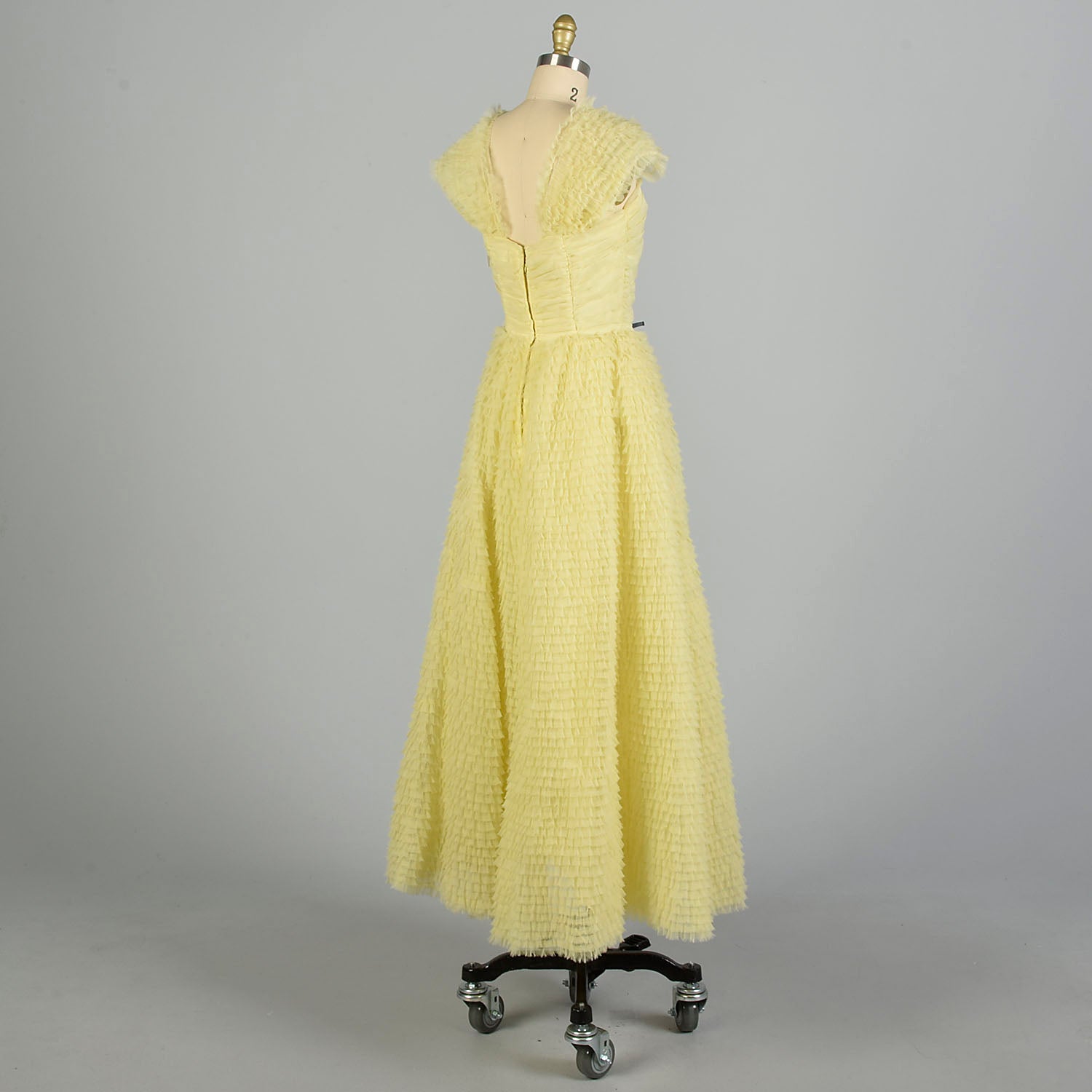 Small 1950s Creamy Yellow Formal Dress Evening Gown Full Length Layered Ruffle Wedding Prom