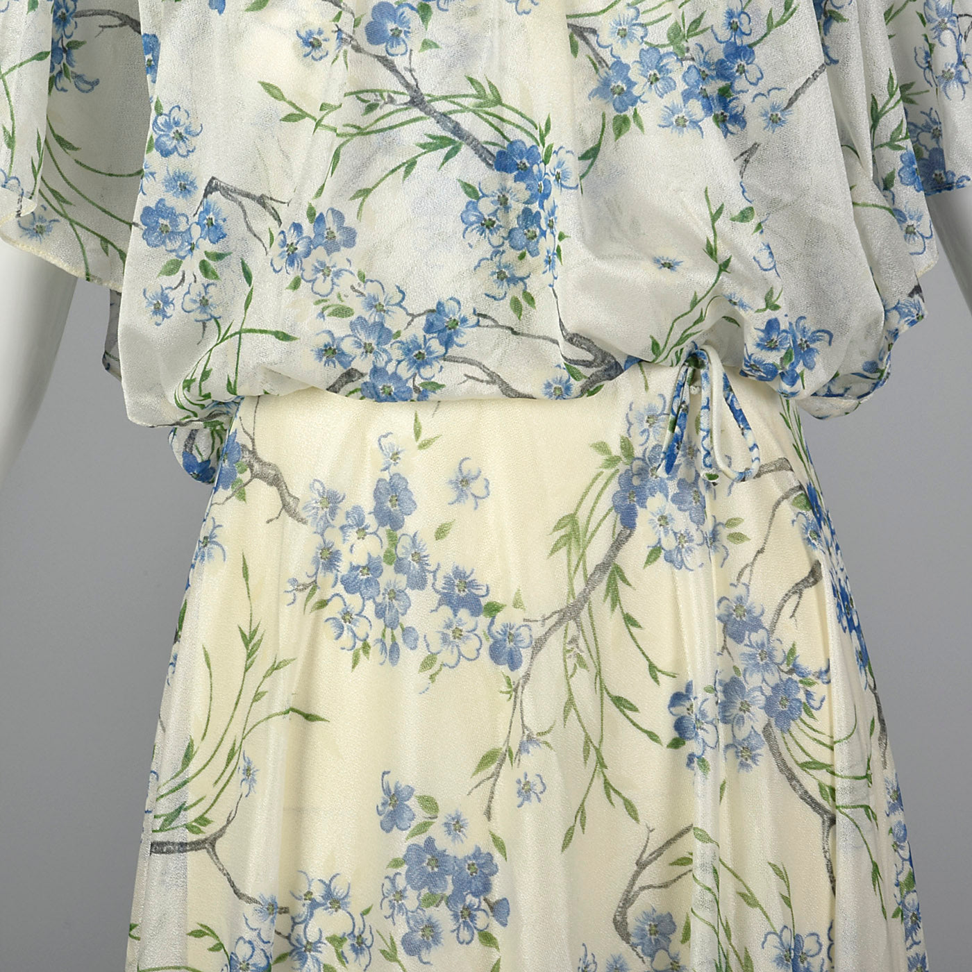 1970s Blue Floral Maxi Dress with Cold Shoulders
