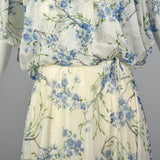1970s Blue Floral Maxi Dress with Cold Shoulders