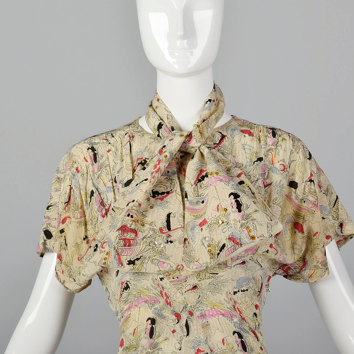 1940s Novelty Print Silk Dress with Neck Tie