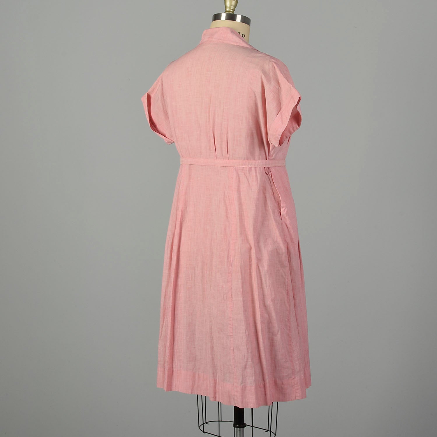 XXL 1950s Day Dress Pink Striped Lightweight Embroidered Belted Summer Short Sleeve