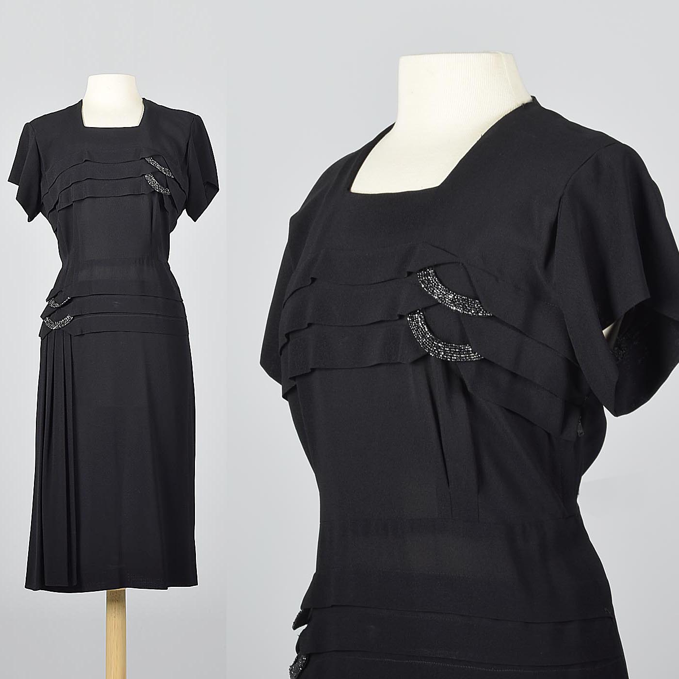 1950s Black Dress with Beaded Loops and Sash