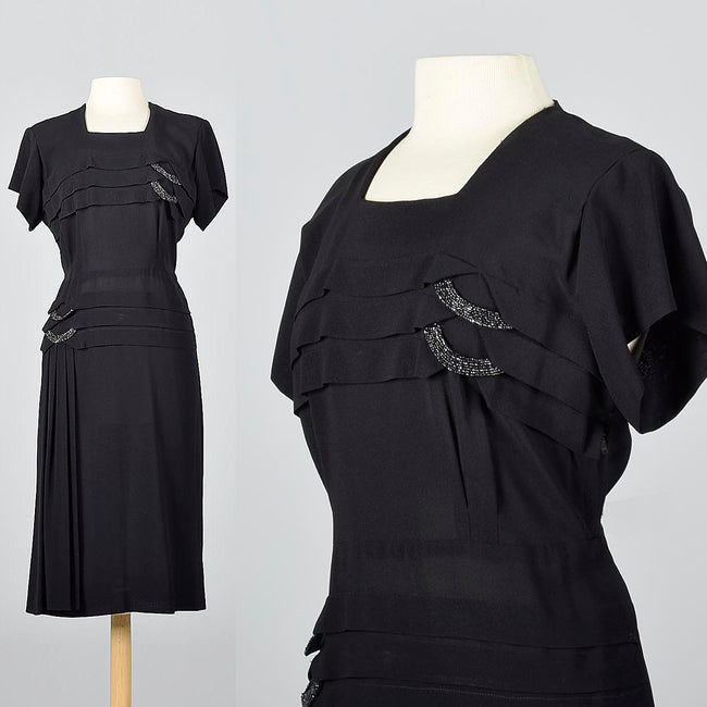 1950s Black Dress with Beaded Loops and Sash