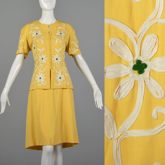 Large 1940s Yellow Floral Blouse and Skirt