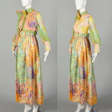 Medium 1970s Victor Costa Maxi Dress Set Abstract Boho Floral Print Long Sleeve Pussy Bow Embellished Bohemian Vest
