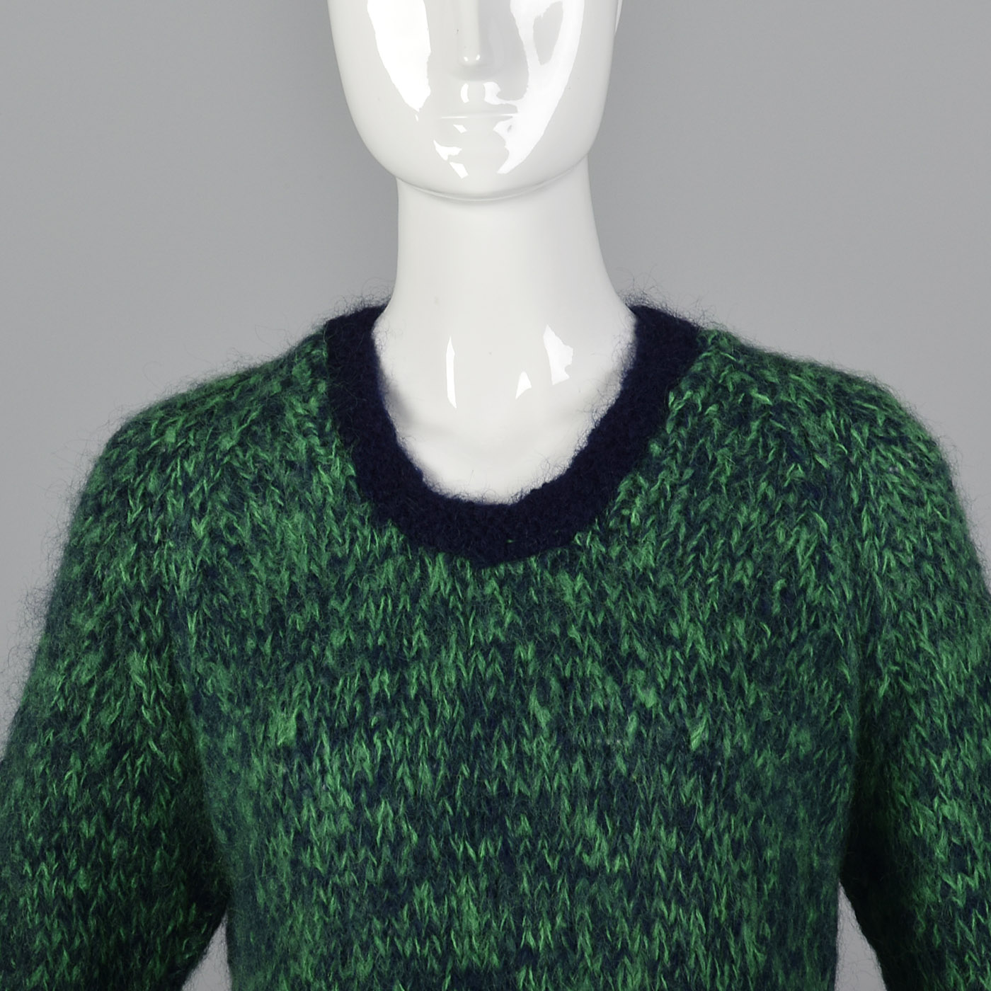 1950s Hand Knit Mohair Sweater in Green and Navy