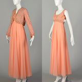 Small 1970s Mike Benet Set 2pc Orange Beaded Jacket Modest Maxi Prom Dress Formal Gown
