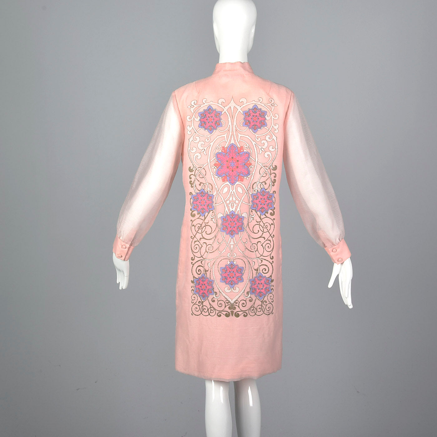 1970s Alfred Shaheen Pink Shift Dress with Sheer Sleeves