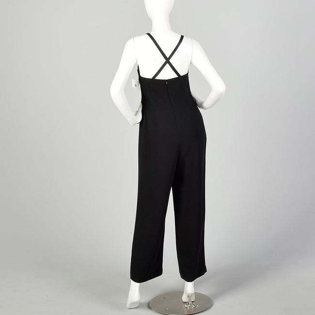 Medium 1980s Alberto Makali Jumpsuit Black Tuxedo Sleeveless Racerback Romper