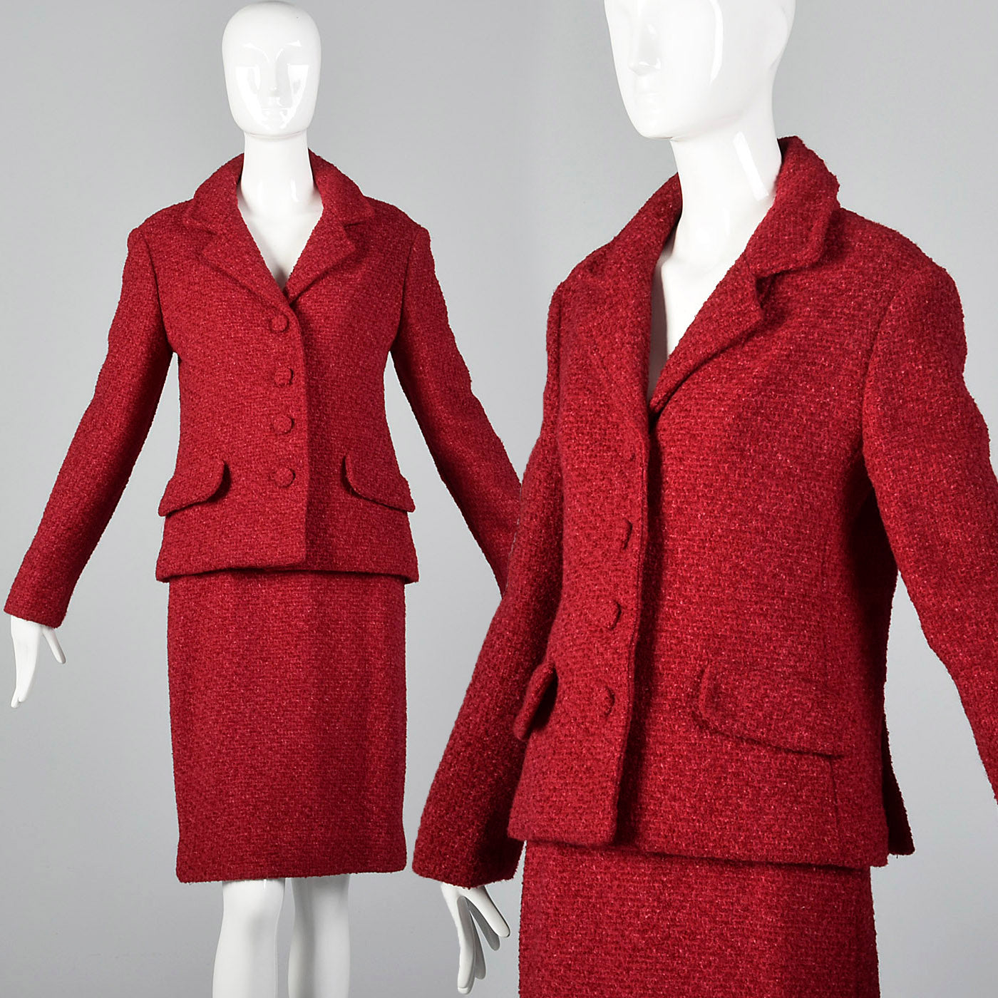 1960s Red Boucle Wool Skirt Suit