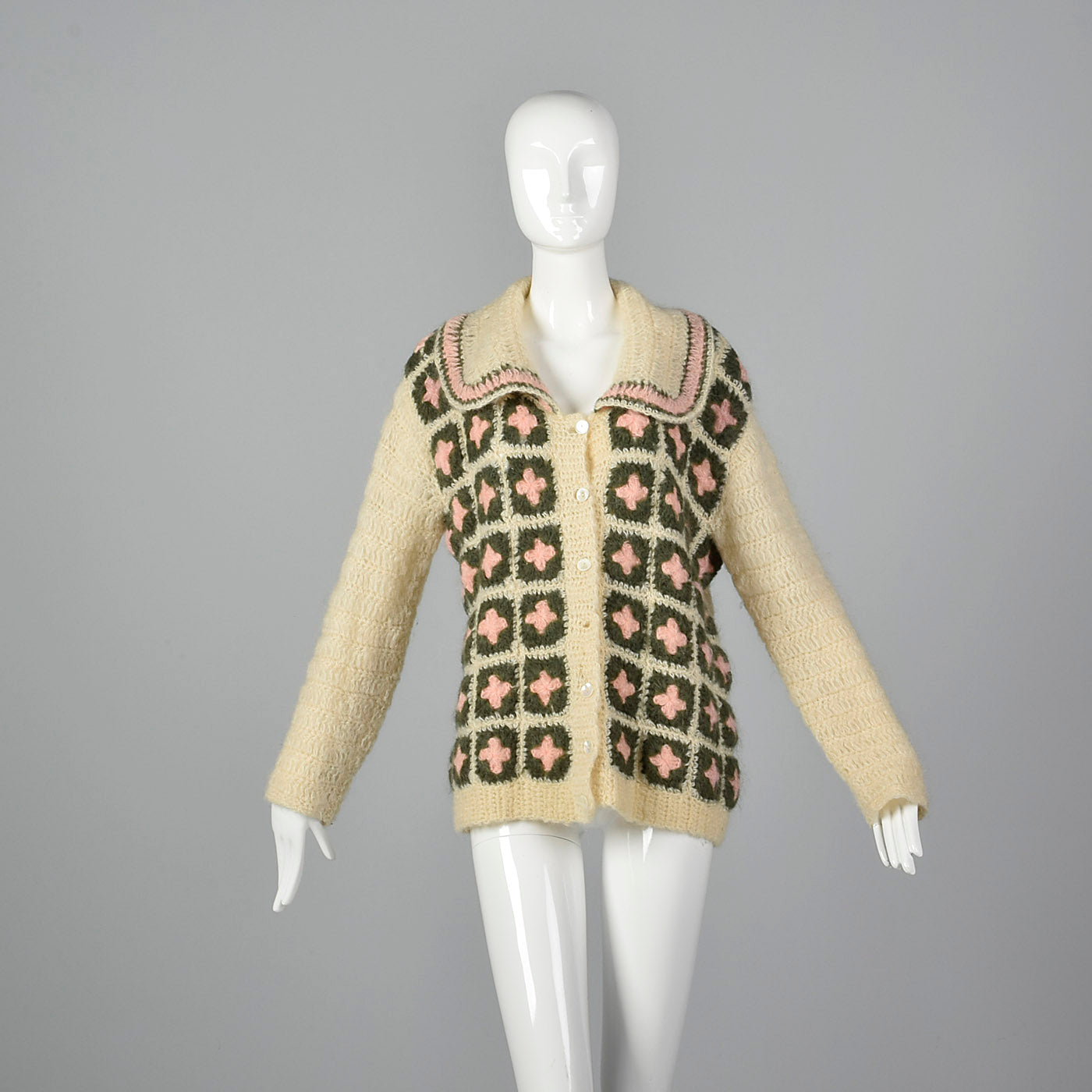 Large Schiaparelli 1950s Cream Cardigan Sweater with Pink and Green Granny Squares
