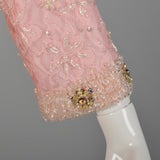 Large 1960s Mod Pink Dress Beaded Lace Long Sleeve Cocktail Party