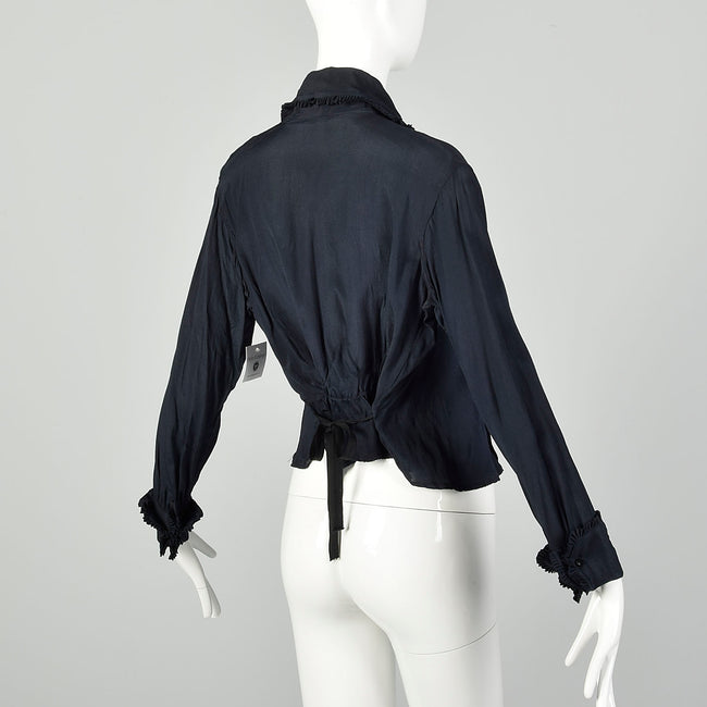 Large 1910s Blouse Edwardian Navy Blue Silk Shirt Pleated Tie Back Waist Top