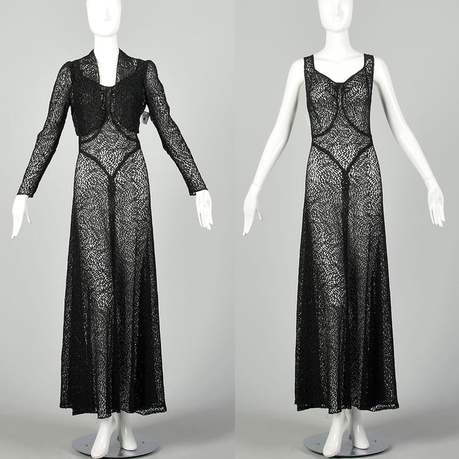 Medium 1930s Sheer Black Lace Dress Glamorous Old Hollywood