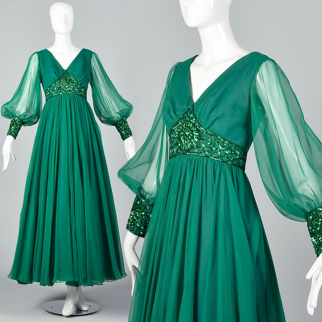 1970s Emerald Green Gown with Bishop Sleeves