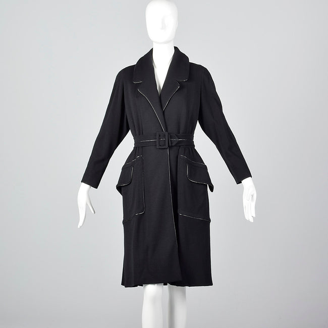 1950s Black Knit Trench Coat with Red Lining