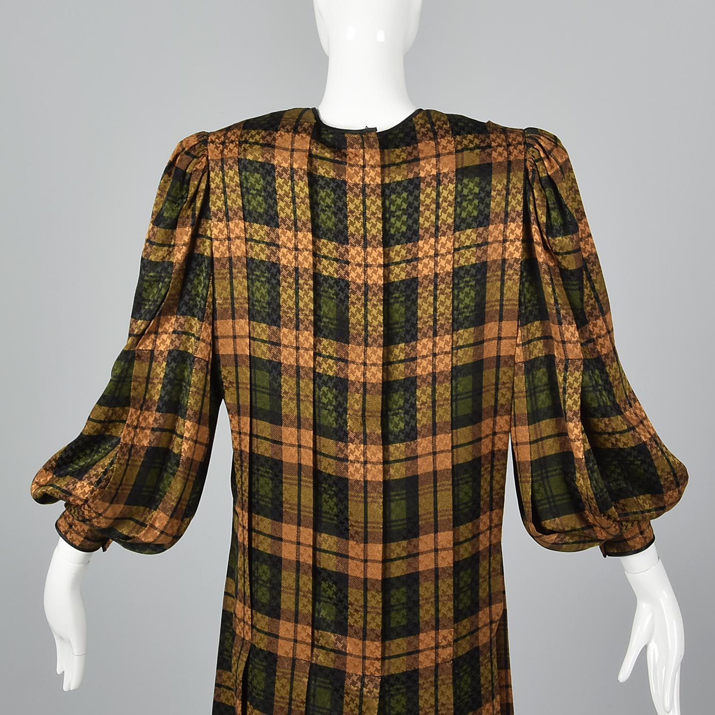 Galanos Pleated Silk Dress in Plaid with Bishop Sleeves