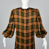 Galanos Pleated Silk Dress in Plaid with Bishop Sleeves