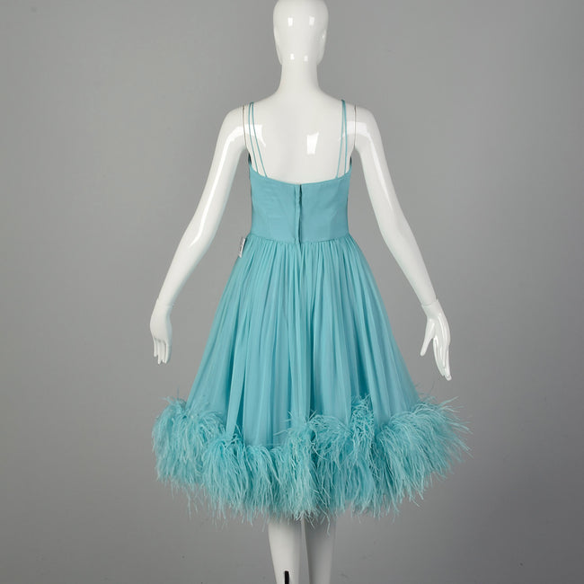 Medium 1950s Aqua Silk Dress Sleeveless Rockabilly Feather Hem