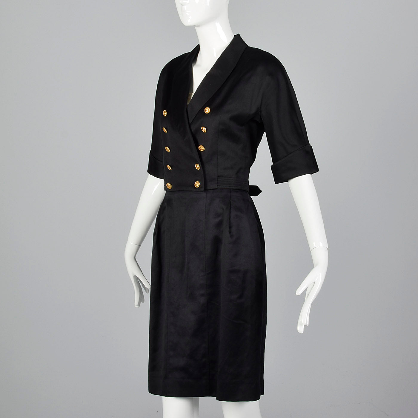 1980s Chanel Black Cotton Summer Skirt Suit with Gold Buckle Detail