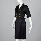 1980s Chanel Black Cotton Summer Skirt Suit with Gold Buckle Detail