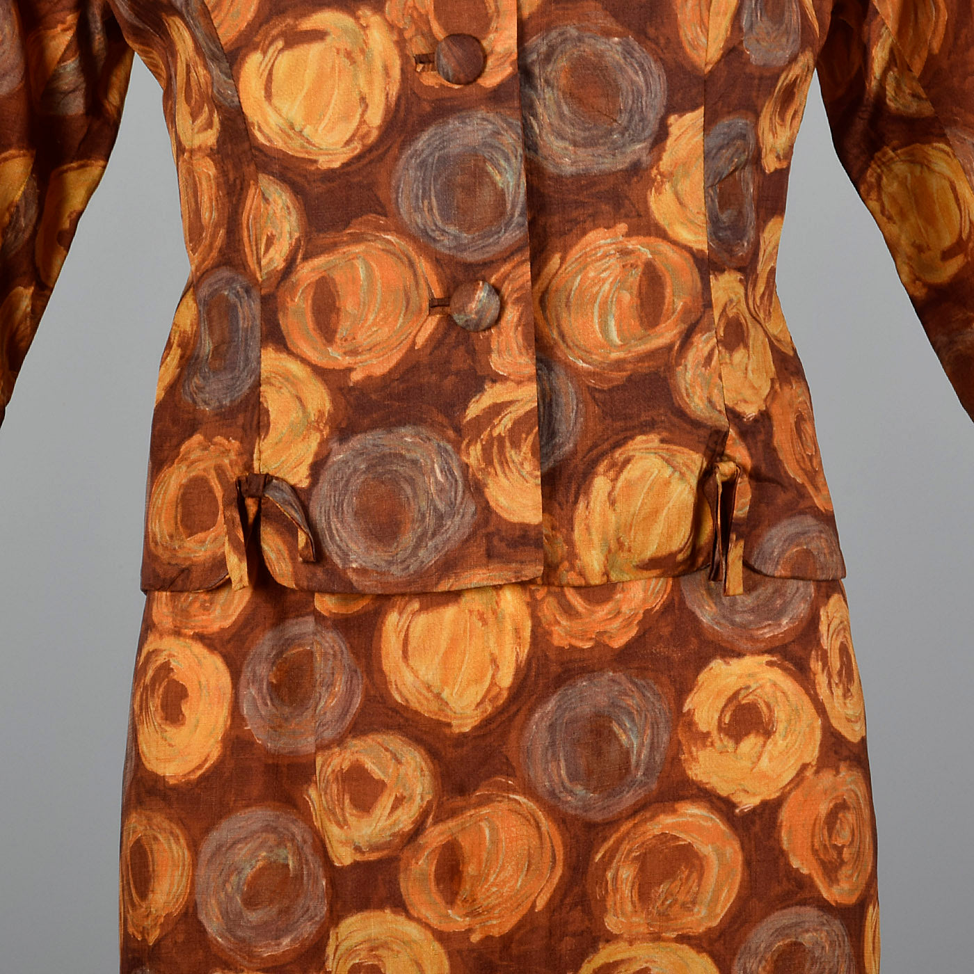 1960s Brown Swirl Print Dress and Jacket Set