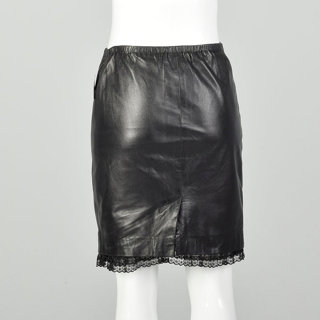 XS 1990s Leather Skirt Black Sexy Peekaboo Lace Trim
