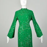Large 1970s Pauline Trigere Dress Green Long Sleeve Formal Evening Gown Sequin