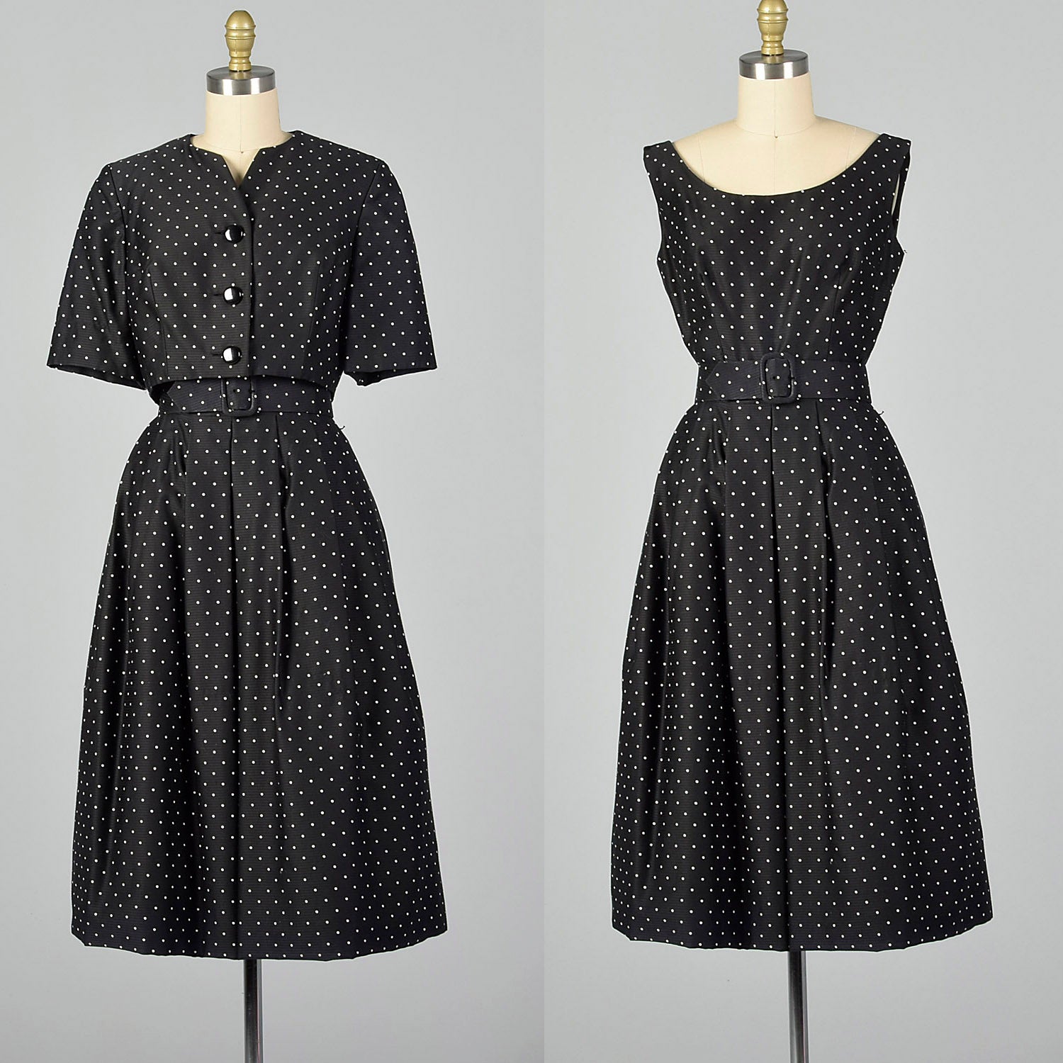 XXS 1950s Adele Simpson Black and White Polka Dot Dress