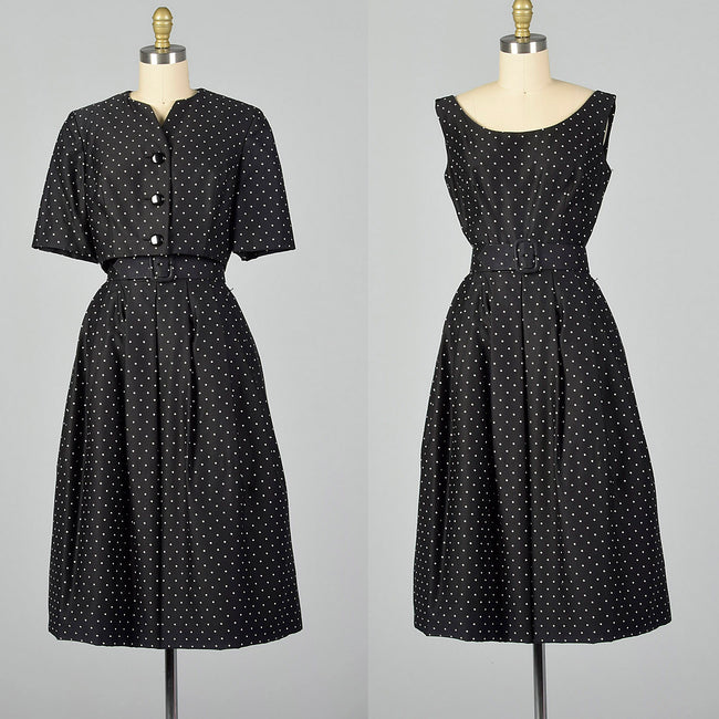 XXS 1950s Adele Simpson Black and White Polka Dot Dress