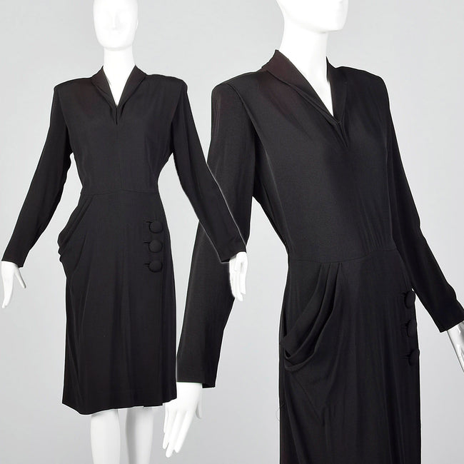 1940s Black Rayon Dress with Draped Hip Pocket