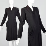 1940s Black Rayon Dress with Draped Hip Pocket