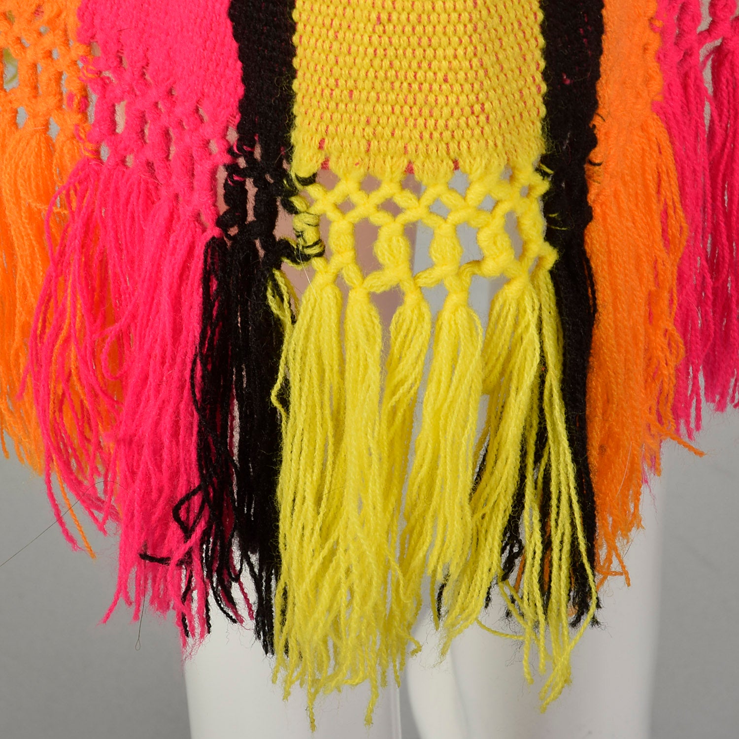 XXS 1970s Dress Long Sleeve Maxi Fringe Hem Hot Pink Bold Stripes