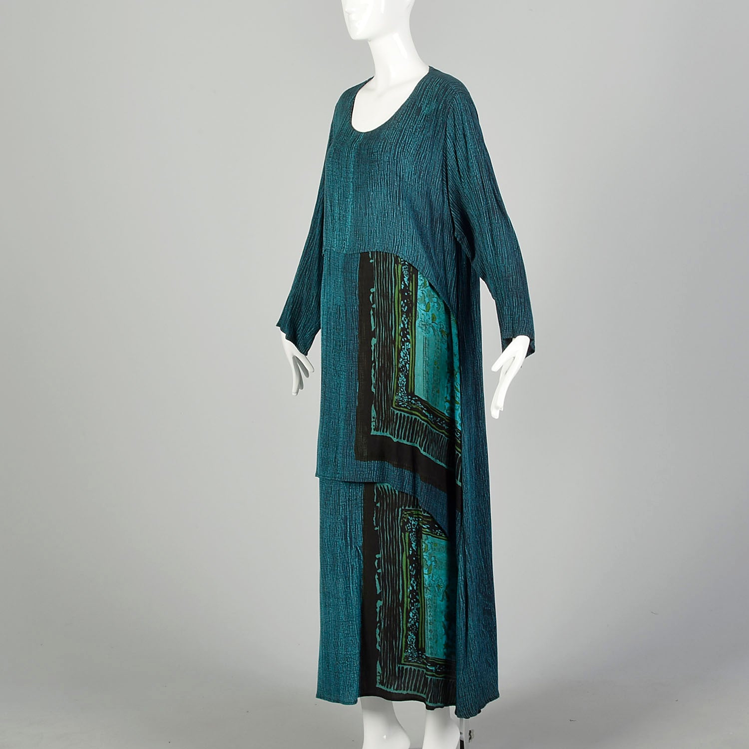 1990s XL-XXL Bohemian Print Dress Layered Maxi Teal Turquoise Gauze