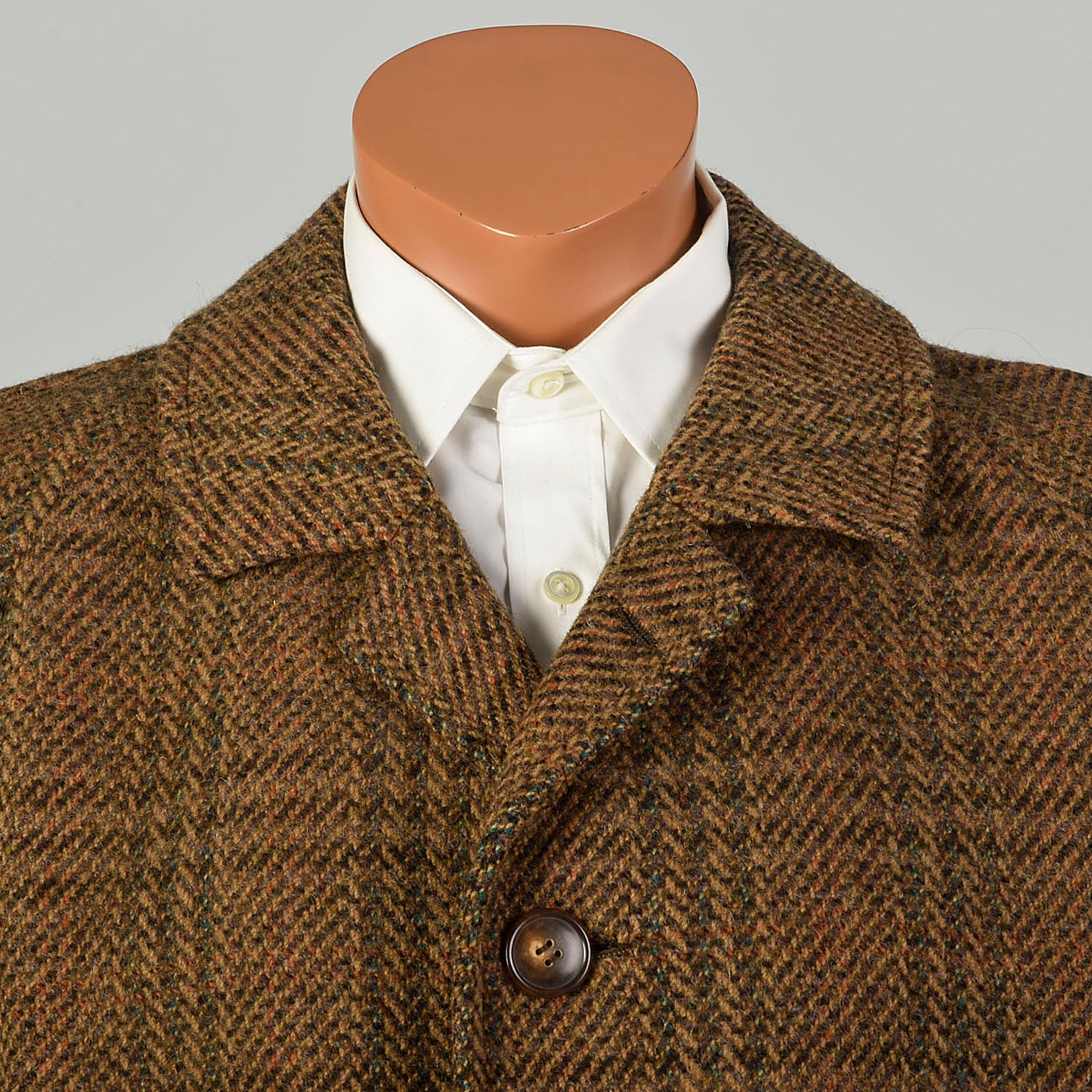 XL 1970s Jacket Brown Plaid Herringbone Wool Tweed Winter Car Coat