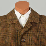 XL 1970s Jacket Brown Plaid Herringbone Wool Tweed Winter Car Coat
