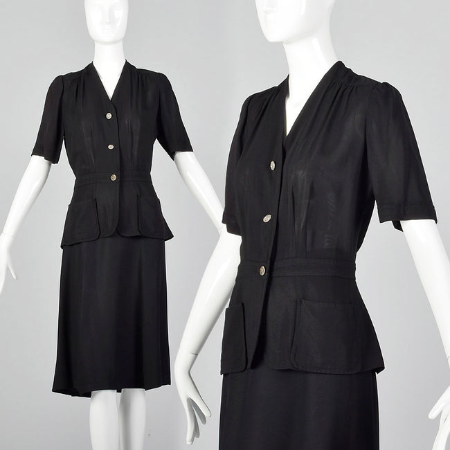 1940s Black Short Sleeve Blouse and Skirt Set