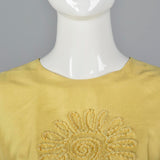 1960s Yellow Silk Shift Dress with Flower Applique