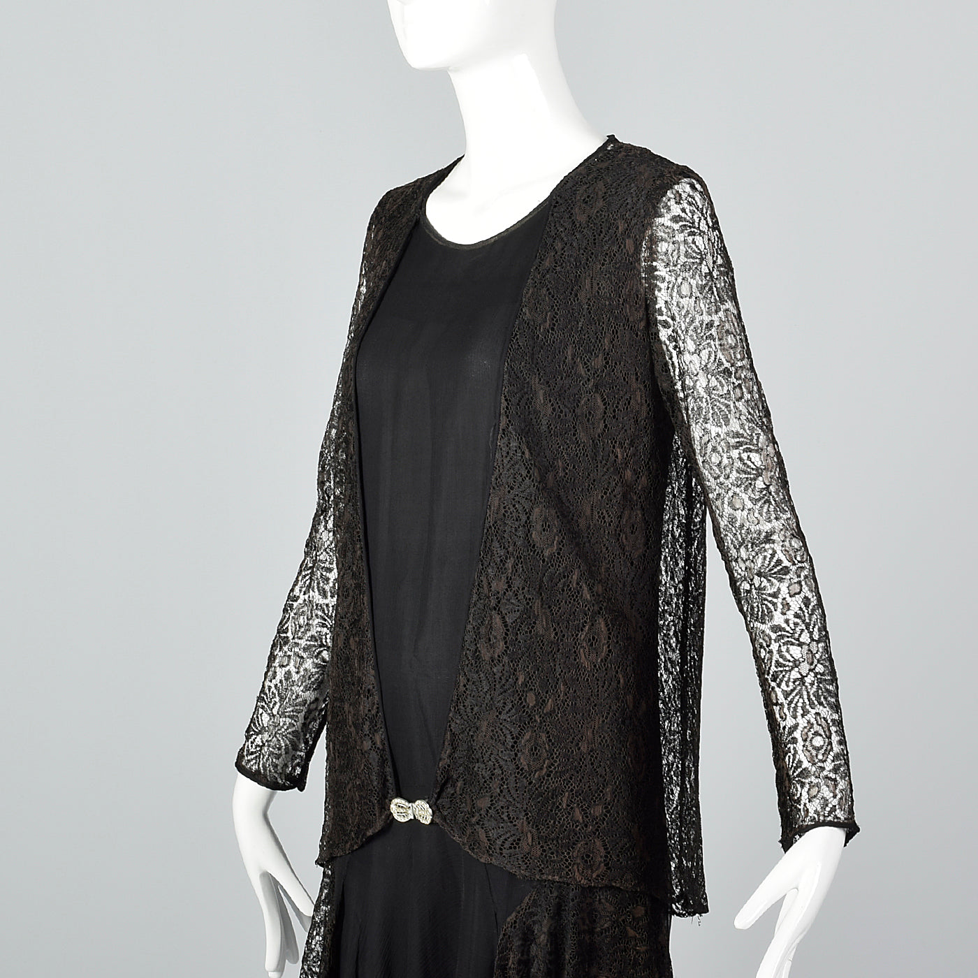 1920s Black Silk Dress with Lace Jacket