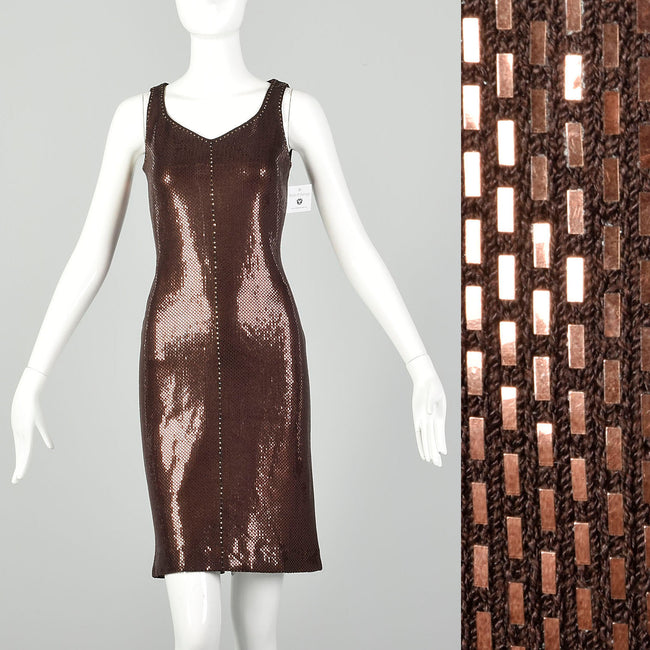 XS St John Couture Cocktail Mini Dress Designer Sleeveless Knit Brown Paillettes