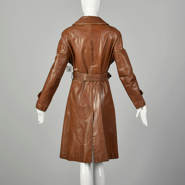 Large 1970s Brown Leather Trench Coat Wide Collar with Great Details