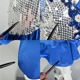 XS 1980s Blue Silver Sequin Calypso Gown Hi Lo Ruffle Hem Asymmetric Taffeta Skirt
