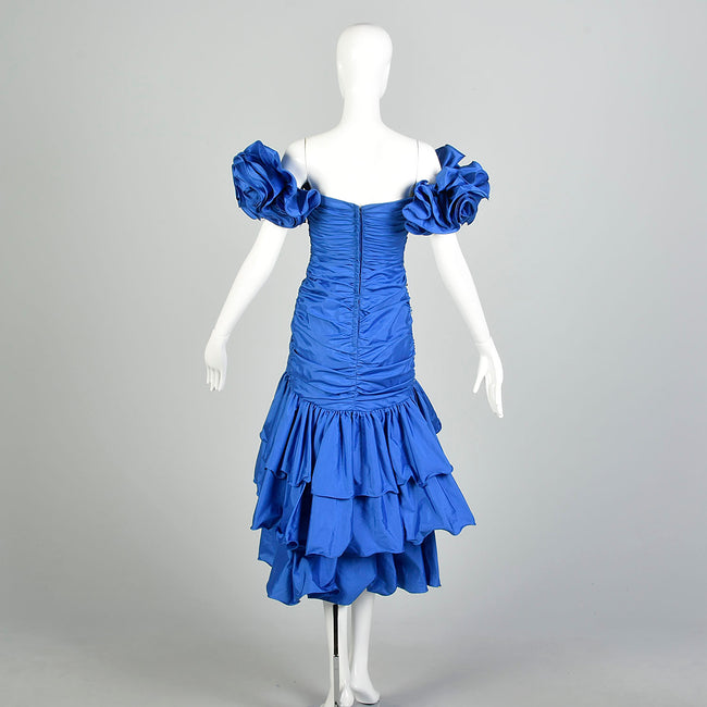 XS 1980s Blue Silver Sequin Calypso Gown Hi Lo Ruffle Hem Asymmetric Taffeta Skirt