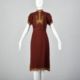 Small 1930s Wool Dress with Lamé and Embroidery