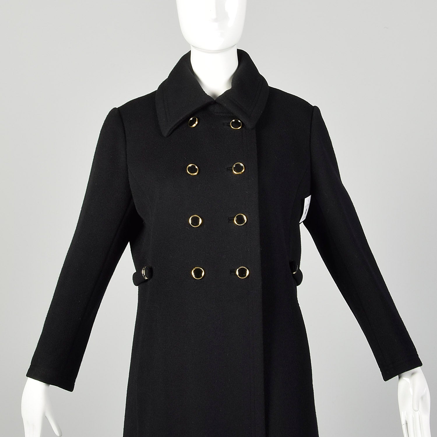 Small 1960s Mod Winter Coat Black Wool Double Breasted Overcoat