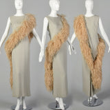 Medium 1970s Gray Silk Column Dress with Feather Trim