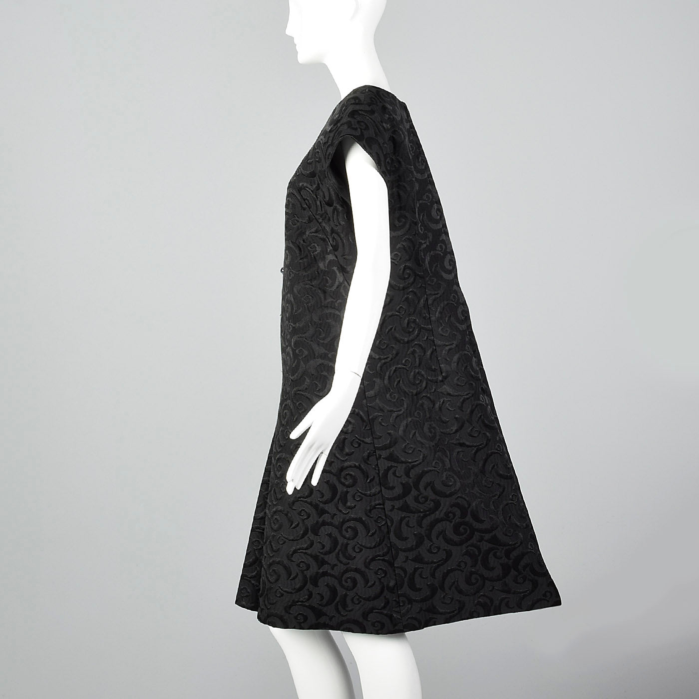 1960s Black Brocade Swing Dress