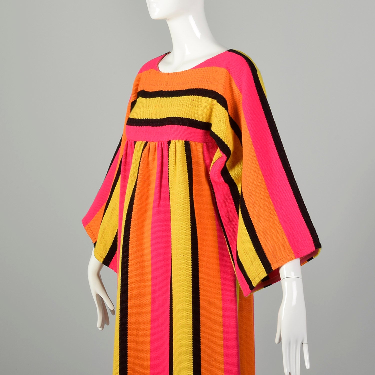 XXS 1970s Dress Long Sleeve Maxi Fringe Hem Hot Pink Bold Stripes
