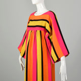XXS 1970s Dress Long Sleeve Maxi Fringe Hem Hot Pink Bold Stripes