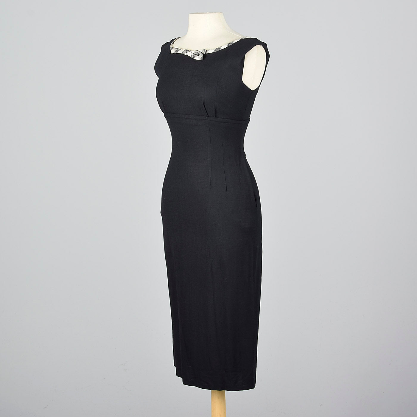 1950s Black Wiggle Dress with Gingham Trim and Jacket